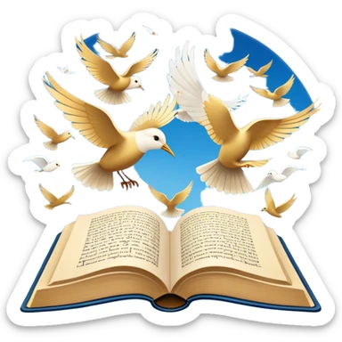 Icon for Poetry Reading: an open book with verses on the pages, from which fly pages transforming into a large flock of small white birds soaring into the blue sky. The icon should evoke the freedom and beauty of poetry. Transparent background. sticker