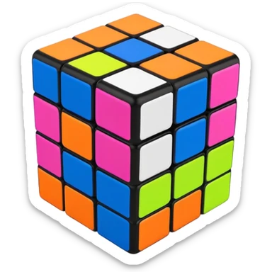 A 3x3 Rubik's Cube completely scrambled, with 90s American color palette, fluorescent orange, lime green, hot pink, electric blue, viewed from above sticker