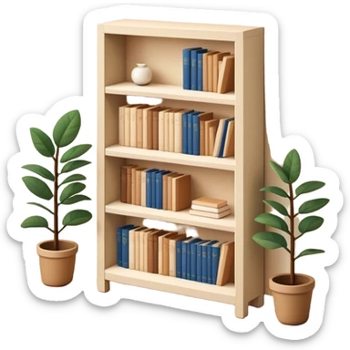 ikea bookshelf filled with beige books, cozy vibe, isometric sticker