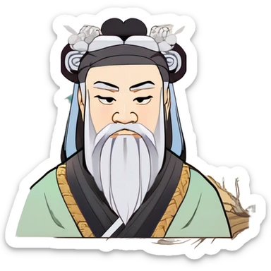 、"Laozi: Ancient Chinese philosopher, Hanfu, topknot, beard, black beard, willow-leaf eyebrows, phoenix eyes, long face, wide face." sticker
