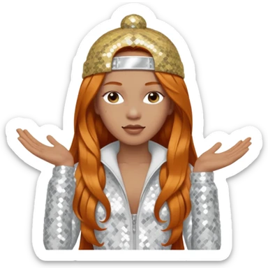 Ice Spice, Rapper (b.2000) with long ginger hair, ivory tour sequin outfit sticker