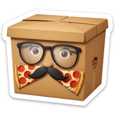 pizza take-out box with glassess and mustache sticker