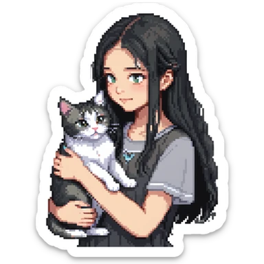 Beautiful girl with long black hair petting a gray and blonde mixed cat sticker