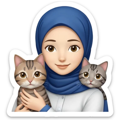 Asian white Girl wearing dark blue hijab with white shirt smiling while holding a black brown grey tabby cat sticker