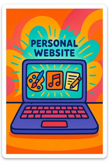 a stylized laptop with a glowing screen displaying icons for art, music, and writing, representing a personal website for creative work, vibrant toon style sticker