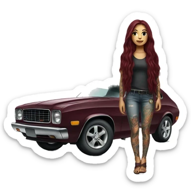 Beautiful tattooed burgundy long haired woman standing next to a car sticker