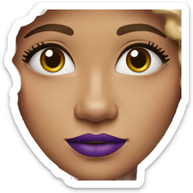 Woman with fair but warm skin with short curly hair, neck length, that has volume. She has light brown eyes and is wearing purple lipstick and long purple earrings!! She looks whimsical sticker