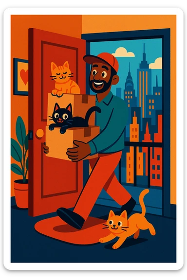 An Indian Black man carrying boxes with two cats, entering a NYC apartment, cityscape visible sticker