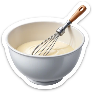 Cinematic Realistic Whisk & Mixing Bowl, a well-used metal whisk resting in a smooth ceramic mixing bowl, light reflecting off the whisk’s polished surface, subtle smears of batter along the rim, glowing with a sense of warmth and creativity. sticker