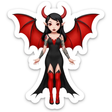 Full red-skin demon girl (entire body red), long black hair, small red horns, pointed ears, single bat wing, black open-back dress, bold tattoo-flash comic linework, red/black/gray, dark background, no text. sticker