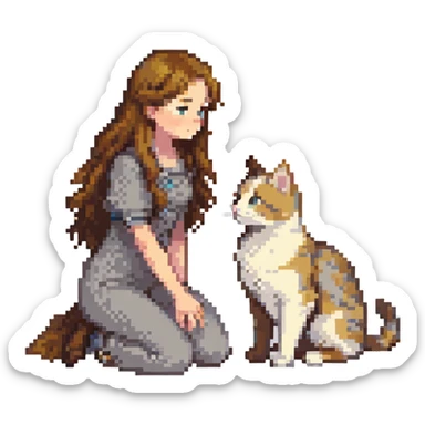 Remix: Beautiful girl with long wavy brown hair, inspired by the reference, petting a gray and blonde mixed cat, pixel art style, girl kneeling, cat looking up sticker