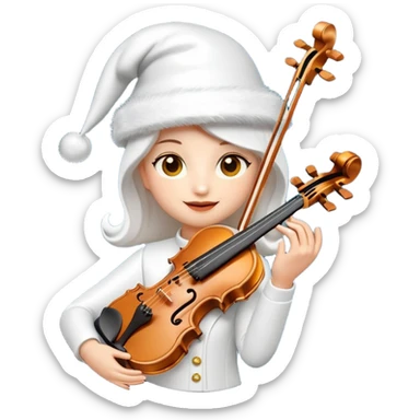 A sleek, elegant, pure white animated violin emoji wearing a festive New Year hat on top, sparkling details, soft glow, premium cartoon style, high resolution, 3D-like shading, cheerful and cute, perfect for Telegram sticker or emoji, minimalistic background sticker