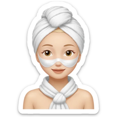 cute girl with her eyes closed and smiling, wearing a white spa towel as her clothes in she has a white spa towel on her head, white face skincare mask sticker