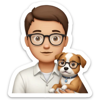 buatkan laki laki kuliahan menggunakan kacamata, menggendong anjing lucu, warna baju putih, dan latar foto putih sticker