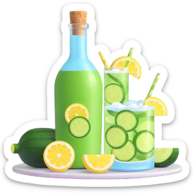refreshing 3D cocktail in a round bottle with a very small neck and cork, liquid color #6fdef1, inside cucumber slices, lemon slices, and ice cubes, realistic, sparkling, beautiful details sticker