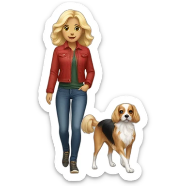 blonde-woman-walking-tricolor-cavalier-dog sticker