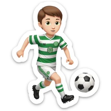 Brown hair 6 years old white boy footballer RUNNING playing soccer wearing CELTIC  UNIFORM  has white stripes  # 17 in the jersey the celtic football club logo NO CHEST LOGO in middle NO  sticker