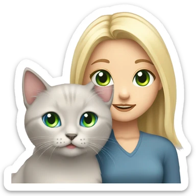 blue eyes grey kitten and green eyes blonde girl are friends sticker
