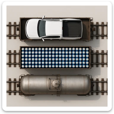 Вид строго сверху (top-down). Реалистичный грузовой поезд из трёх вагонов.
Вагон 1: внутри одна большая белая машина Chevrolet (без логотипов и без каких-либо надписей).
Вагон 2: много одинаковых банок синего цвета, похожих на напиток Pepsi, уложенных плотными рядами, но без логотипов и надписей.
Вагон 3: железнодорожная цистерна для газа, полностью реалистичная, без надписей, без маркировки, без символов.
Ничего не обрезано, весь поезд полностью помещается в кадр сверху. Чистый нейтральный фон, без окружения. Максимальная реалистичность, ровный свет. sticker