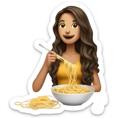 Gorgeous brunette eating linguine pasta in her mouth sticker