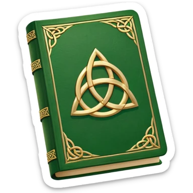 a green closed book with a golden triquetra sticker