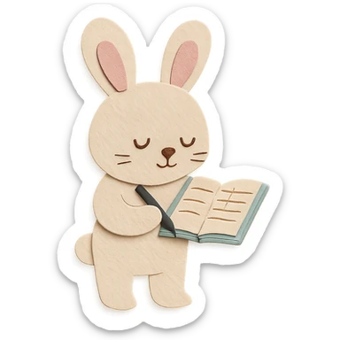 flawless, highly detailed, high quality paper craft style illustration of a cream-colored bunny standing and writing in a planner, perfect proportions, no imperfections, intricate textures, soft lighting, delicate cut-paper details sticker
