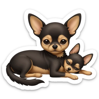 A high-resolution photo-realistic digital illustration of a cute black and tan chihuahua with eyes closed shut sleeping lazily on the ground sticker