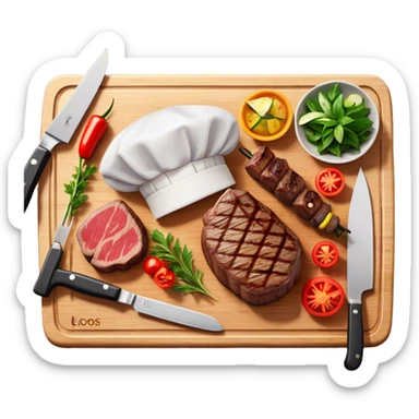 icon featuring a chef’s hat, a cutting board with fresh ingredients, a knife, a beautifully cooked ribeye steak, shashlik skewers, and a plate of food in the making. The design captures the passion of cooking with warm, inviting colors, and realistic textures. Transparent background. sticker