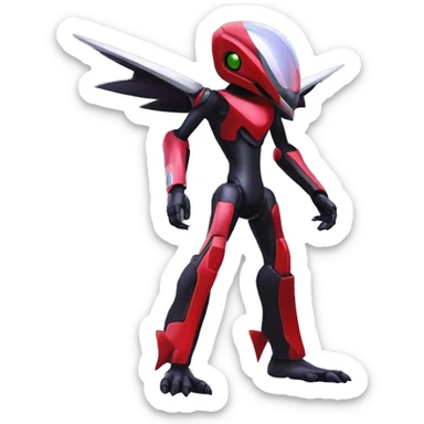 a shiny metallic black-red Genesect-Flygon-Raptor-Fakémon-Medabot-hybrid with a futuristic visor-helmet full body sticker