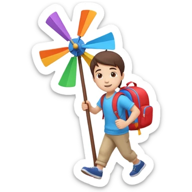 cute boy carrying a toy windmill backpack, colorful windmill spinning on the back, happy expression, casual outfit, 3D cartoon, mobile game icon style, clean background, no text, no watermark
 sticker