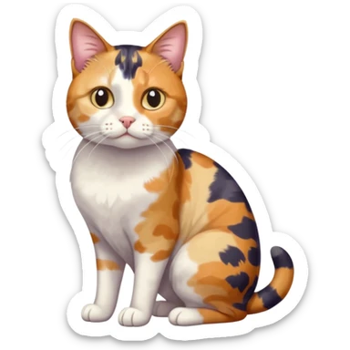 full body anxious looking colourful patchy calico tabby cat with tiny head to large body with fully white front legs sticker