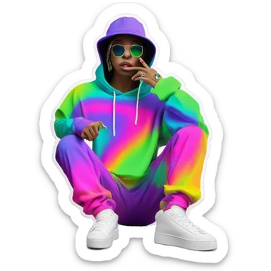 Multicoloured neon person smoking wearing hoodie dancing hip hop bucket hat tropical Skater fashion aesthetic baggy clothes graphic t shirt 420 sticker