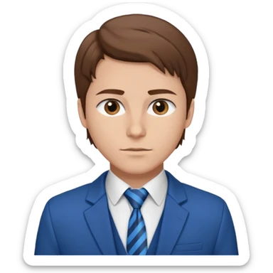 un homme type caucasien brun plutôt jeune avec des jolies traits avec une chemise blanche et une veste a manche longues et cravate bleu il a les yeux marron sticker