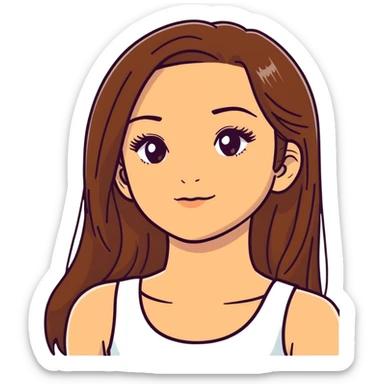 beautiful girl, long straight brown hair, brown eyes with lashes, wearing a white crop top, tan skin sticker