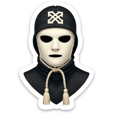 Deconstructed off-white balaclava with frayed layers, rope tassels, subtle embroidery. Studio photo, white bg, soft light. Streetwear luxury style.
 sticker