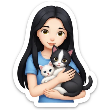 A girl with long black hair tightly hugged a kitten sticker