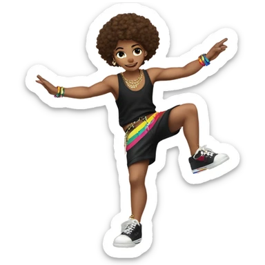 Spinning break dancer, short fuzzy brown hair, white skin, black singlet, rainbow coloured shorts, black shoes, gold chain, earings sticker