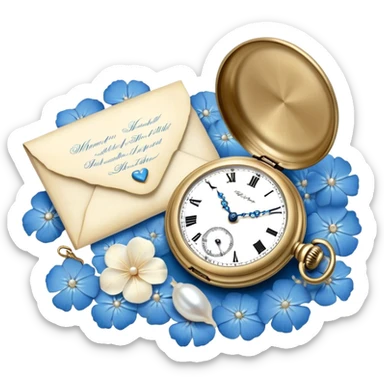 An elegant still life of a vintage pocket watch with an engraved case, lying next to a faded love letter sealed with a pearl wax stamp, surrounded by delicate white and blue floral petals.
 sticker