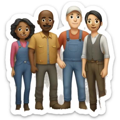 barn with two farmers, one male and one female and some customers of various ethnic backgrounds sticker