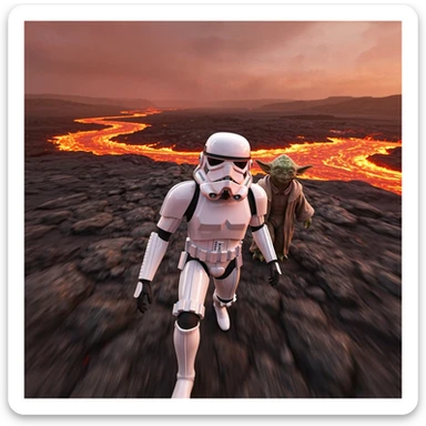 Camera POV, Starwars stormtroopers vlogging selfie, he is walking on lava planet with yoda sticker