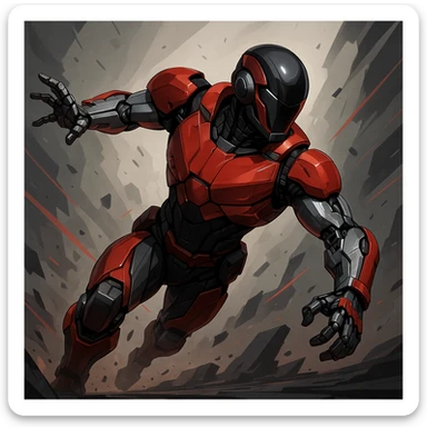 Scarlet Duke from the future, robotic arm, sleek helmet, red and black armor, dynamic action pose sticker