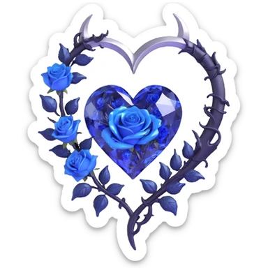 gothic heart made of sapphire glass, silver crescent moon, glowing navy roses, holographic stardust, neon blue lightning, drenched and splintered glass sticker