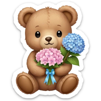 light brown teddy bear super cute holding a light pink and light blue bouquet of hydrangeas sticker