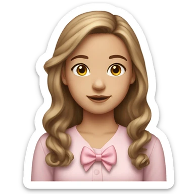 headshot of a light-skinned girl with long brown hair wearing a light-pink bow on her hair sticker