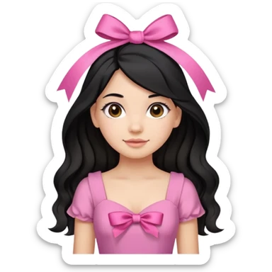 Beautiful girl with black hair in a half-up half-down hairstyle with pink ribbon tying the top half, waves at the ends, brown eyes, light skin, slight smile, and pink dress sticker