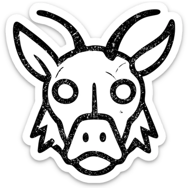 a highly abstract and minimalist red icon combining: stoat fur texture, minotaur skull with horn, frog eyes, elf facial structure, moth antennae, cat ears, platypus bill elements, and capybara nose, all fused into one bizarre chimeric head, extremely weathered with scratches, broken lines, and worn appearance, entirely red sticker