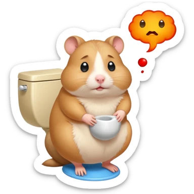 Cute chubby cartoon-style hamster sitting on toilet pooping looking guilty with thought bubble thinking about chilli  sticker