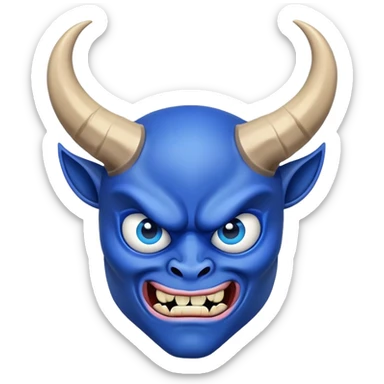 blue demon emoji face with big expressive eyes and curved horns sticker