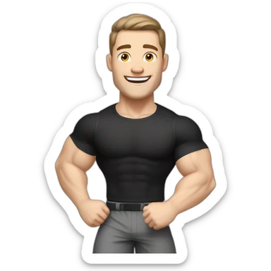 Joyful Celebrating victory Pale skinned Fit Man With the biceps and dark brown hair in black shirt, gray sports shorts and white Sneakers sticker