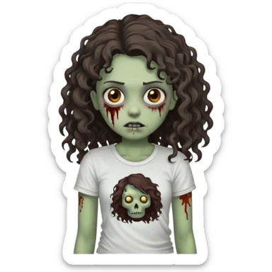 zombie girl with curly hair n brown eyes, dark and long hair 3a with wavy scalp, just a tshirt Ok but less curls and hair under te shoulder sticker